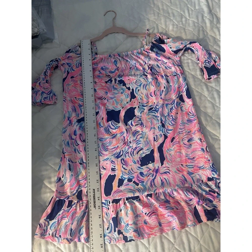 Lilly Pulitzer Kids XL 12-14 Flamingo Print Cold Shoulder Ruffle Dress Cotton